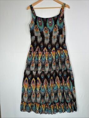 Peacock Feather Print Tiered Midi Dress Multicolor Ruched Back Wide Strap Boho